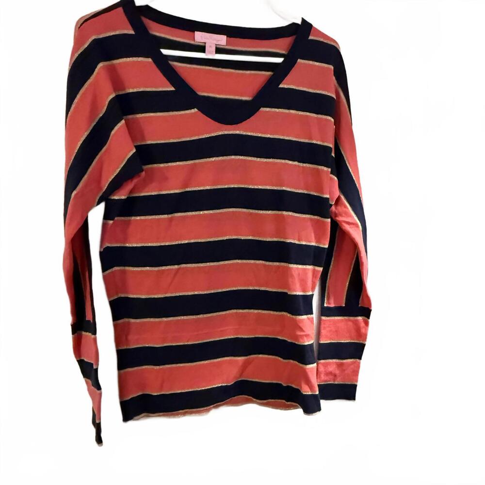 LILLY PULITZER Vneck pullover sweater Navy/Salmon/Gold Metallic stripes SZ XS